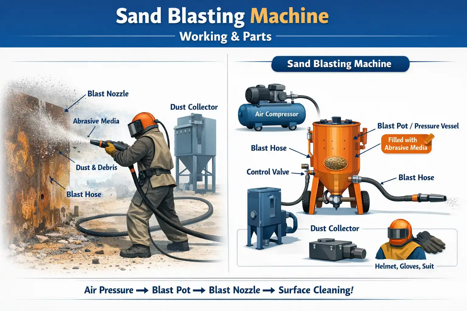 Sand blasting machine working and parts diagram